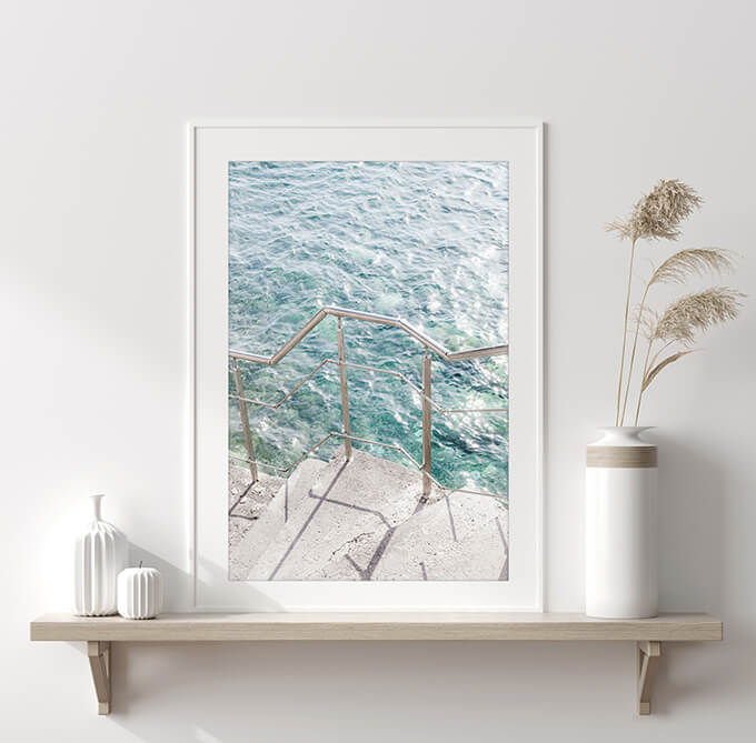 Steps to the Sea - Green water with sun glitter art print by Cattie Coyle Photography