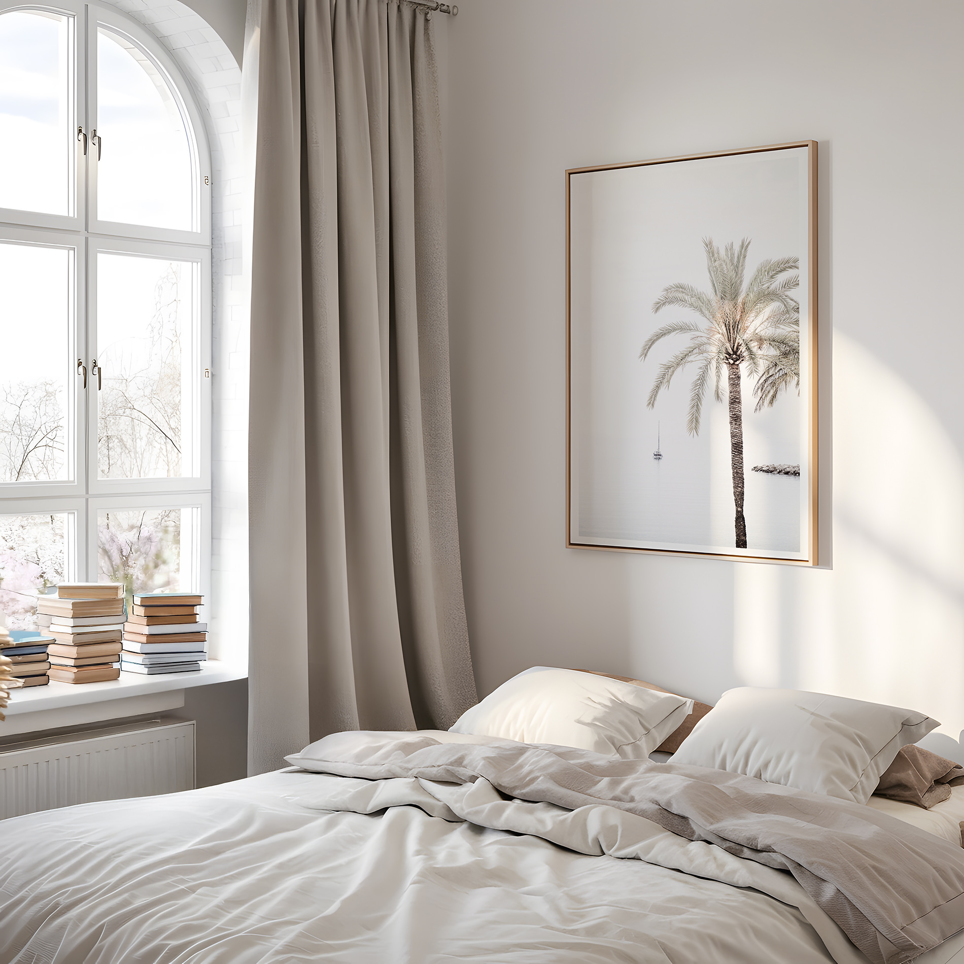 Dreamy palm trees: Palm Tree No 7 - Fine art print by Cattie Coyle Photography in bedroom. © 2019, all rights reserved.