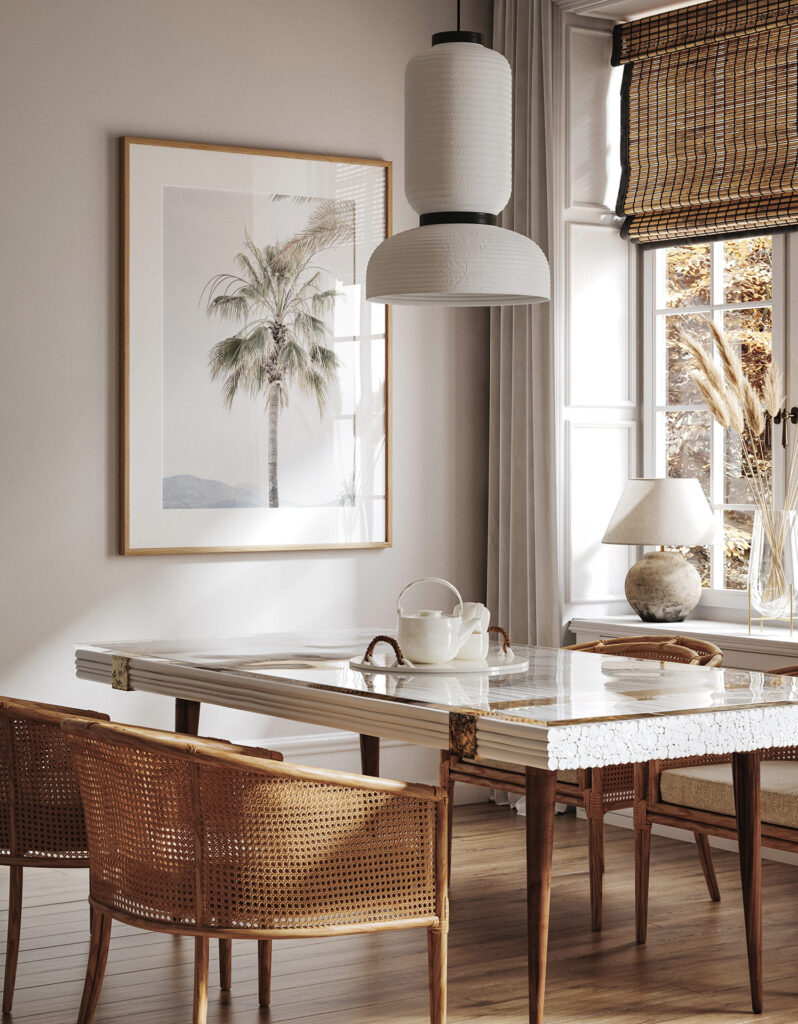 Dreamy palm trees: Palm Tree No 8 - Fine art print by Cattie Coyle Photography in dining room. © 2019, all rights reserved.