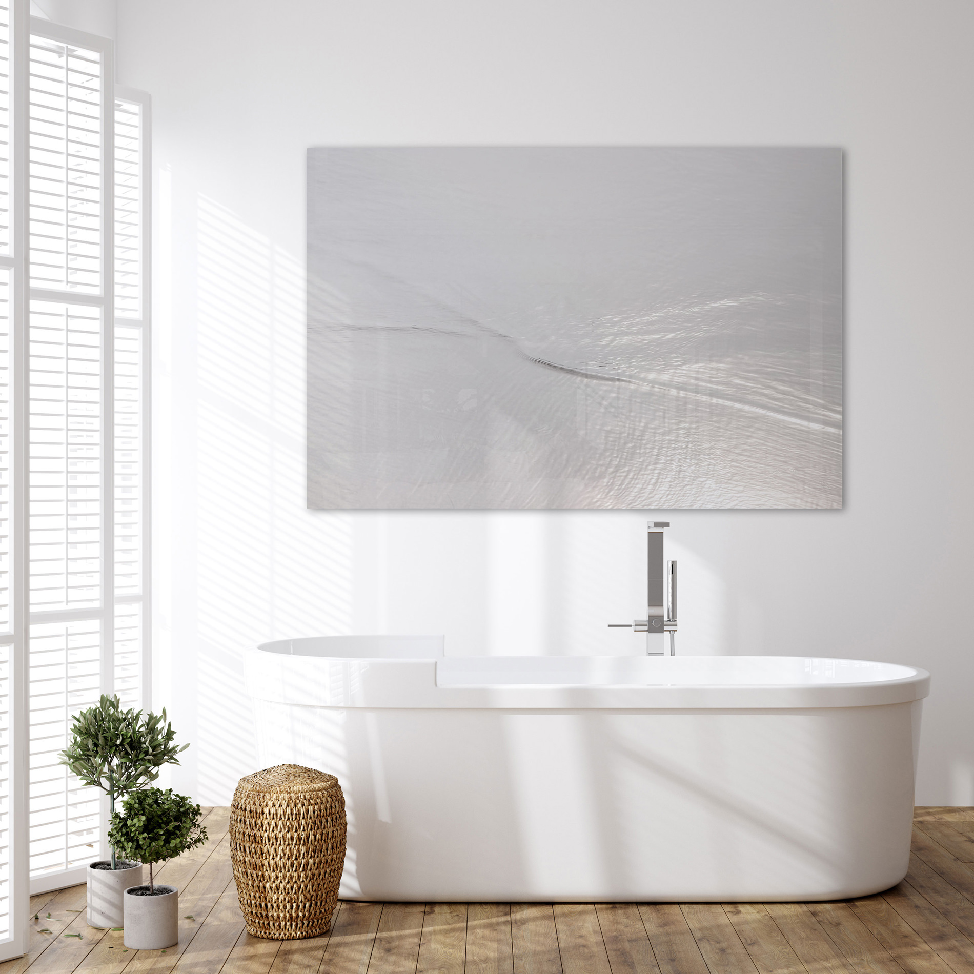 Silver Waves No 5 - Acrylic glass art print by Cattie Coyle Photography in bathroom. © 2020, all rights reserved.