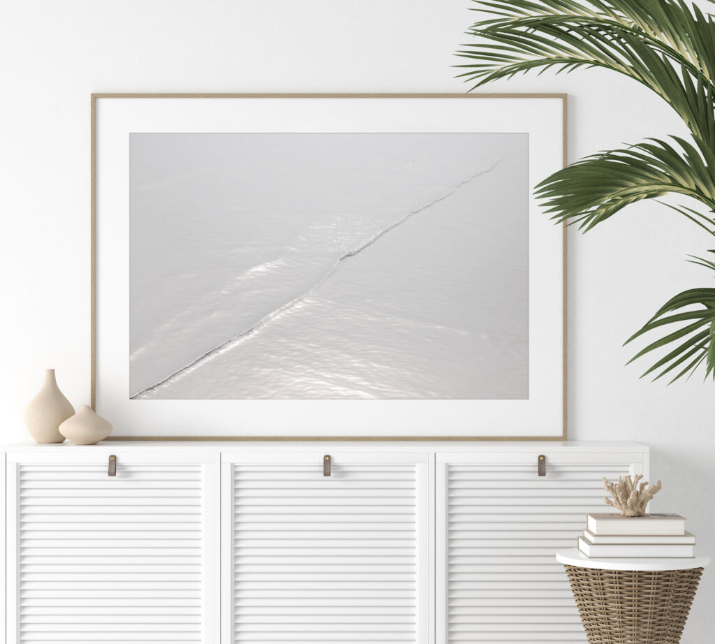 Silver Waves No 7 - Fine art print by Cattie Coyle Photography above dresser. © 2020, all rights reserved.