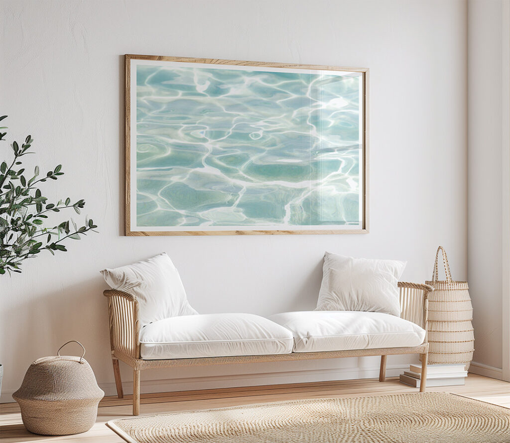 Caribbean Sea No 1 - Fine art print by Cattie Coyle Photography above couch. © 2015, all rights reserved.