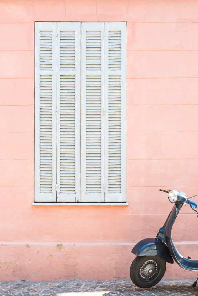 Pink wall and scooter in le Suquet, Old Town Cannes, France, by Cattie Coyle Photography. © 2019, all rights reserved.