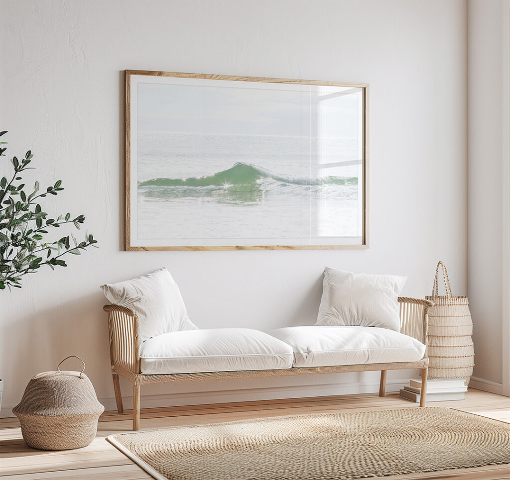 Ocean Wave No 2 - Fine art print by Cattie Coyle Photography above couch. © 2017, all rights reserved.