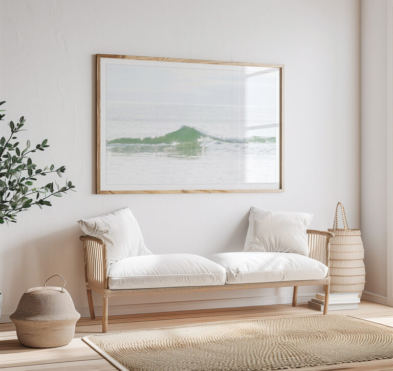Ocean Wave No 2 - Fine art print by Cattie Coyle Photography above couch. © 2017, all rights reserved.