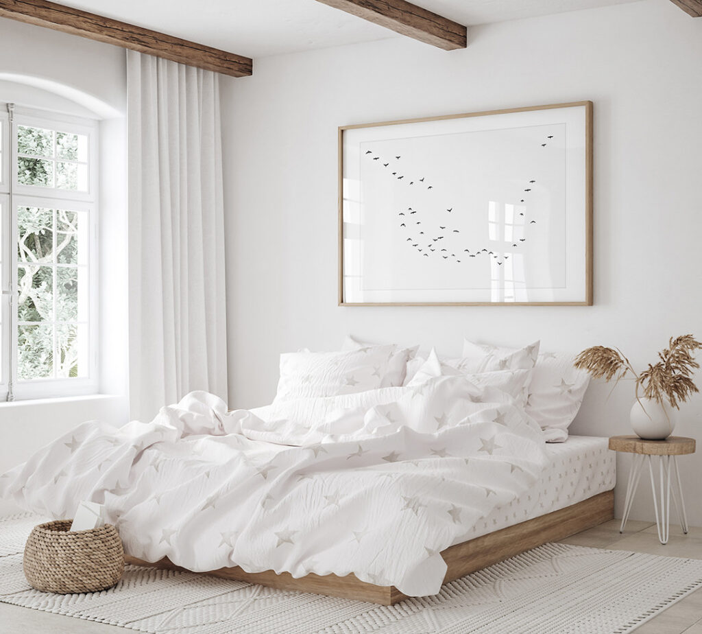 Flocks of Birds: Fall Migration No 1 - Black and white fine art print by Cattie Coyle Photography in bedroom. © 2019, all rights reserved.