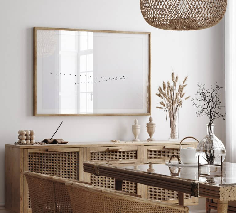 Fall Migration No 2 - Black and white fine art print by Cattie Coyle Photography in dining room. © 2019, all rights reserved.