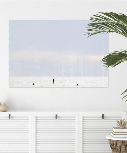 Surfing No 3 - Acrylic glass print by Cattie Coyle Photography above dresser