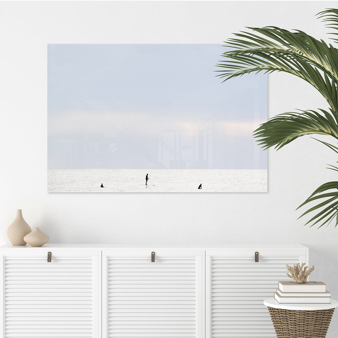 Surfing No 3 - Acrylic glass print by Cattie Coyle Photography above dresser