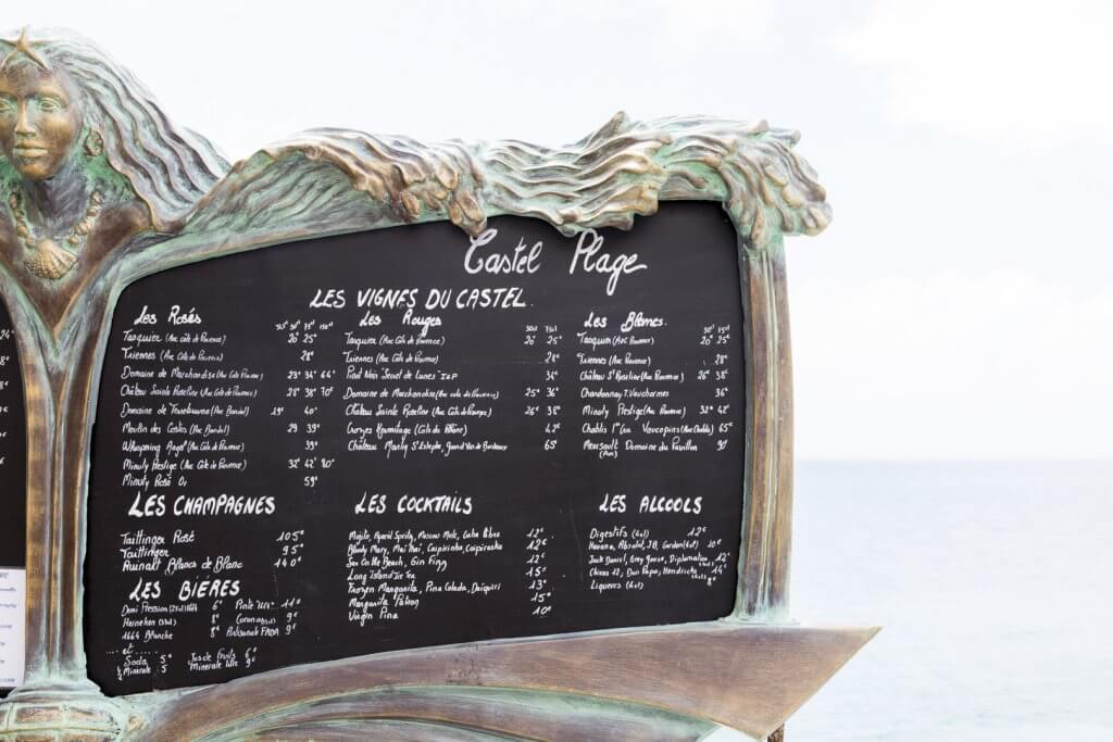 Drink menu at Castel Plage, Nice France | Cattie Coyle Photography