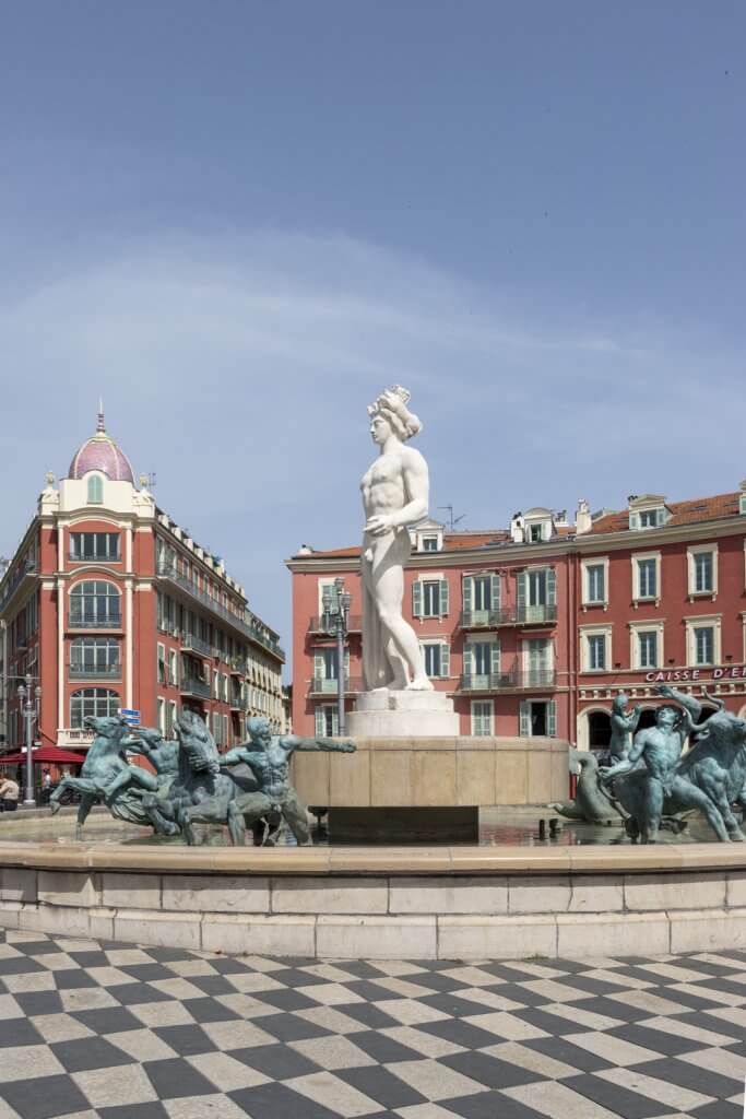 The fountain at Place Massena with the Apollo statue, Nice France | Cattie Coyle Photography