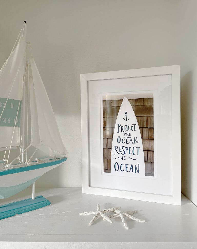 Protect the Ocean - Framed art print by Cattie Coyle Photography on shelf. © 2019, all rights reserved.