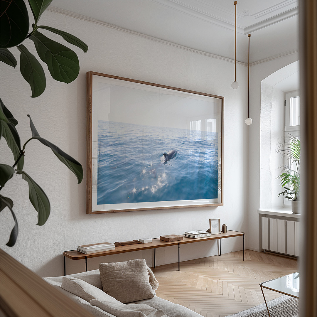 Oversized dolphin art print by Cattie Coyle Photography in living room. © 2023, all rights reserved.