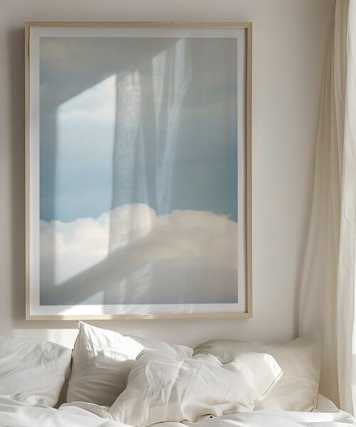 Cloud art print by Cattie Coyle Photography above the bed. © 2013, all rights reserved.