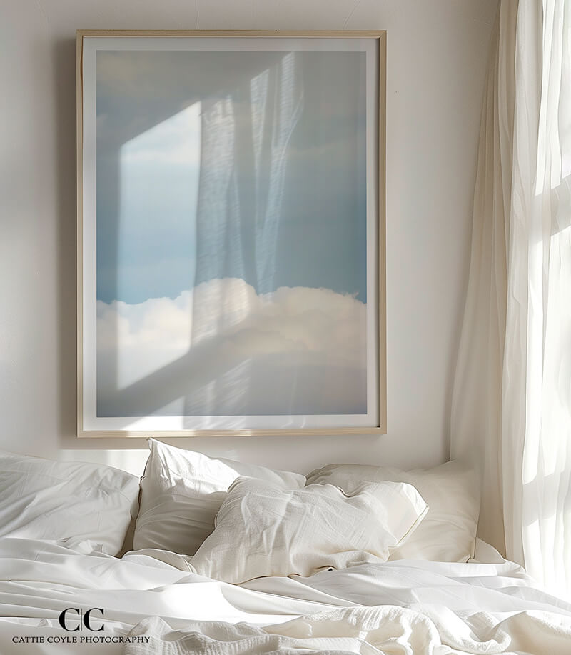 Cloud art print by Cattie Coyle Photography above the bed. © 2013, all rights reserved.